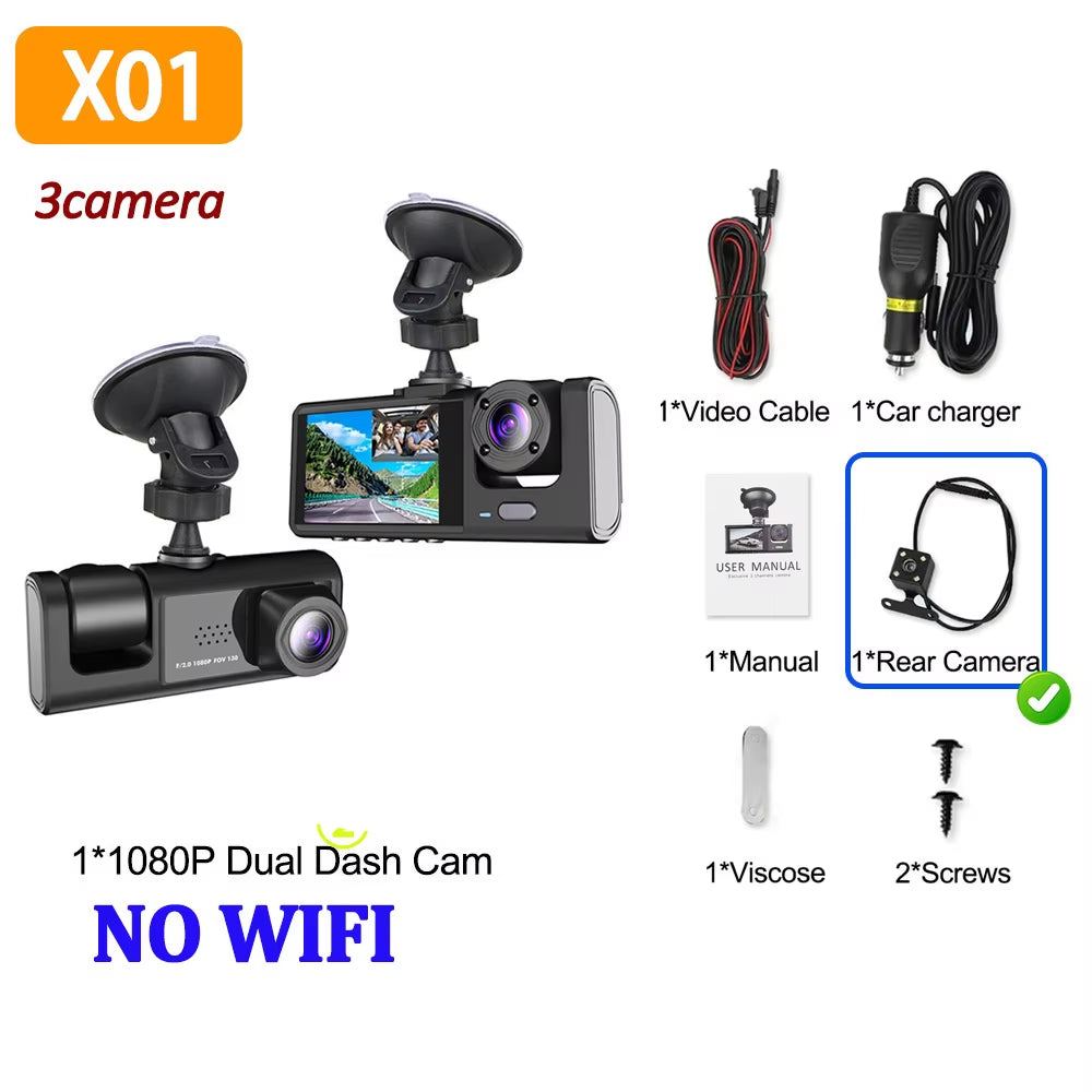 3Camera Dash Cam 2Cam Car Camera 1080P Video Recorder WIFI Car DVR Front Rear View Camera Night Vision Black Box Car Accessories