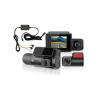 Car dashboard camera system with two cameras and a screen on a white background