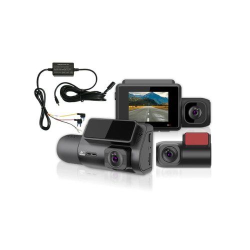 Car dashboard camera system with two cameras and a screen on a white background