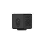 Black camera module with lens and microphone on a white background