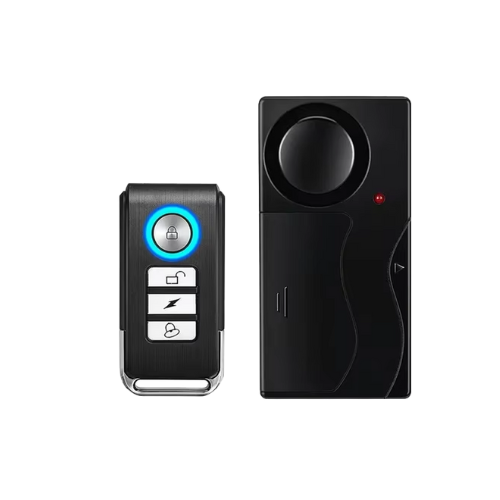 Black electronic doorbell system with remote control on a white background