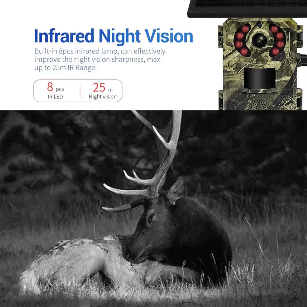 European Band 4G 2K 4MP PIR Motion Activated 0.2S Trigger Time Night Vision IP66 Hunting Trail Wildlife Battery Solar Camera